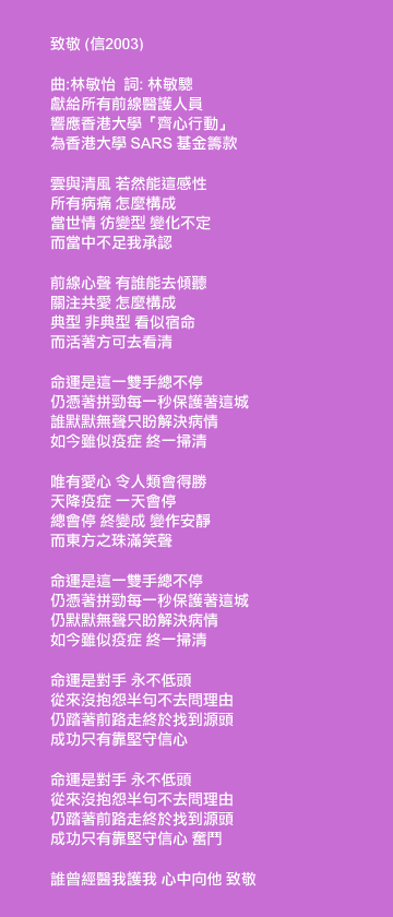 <心連心全城抗炎大行動>主題曲 ~ 香港心
曲: 鄧建明 / 舒文
詞: 鄭國江

We Shall Overcome, We Shall Overcome, We Shall overcome Someday
這一刻 需要愛心
堅忍加決心
要勇氣鬥志眾人同心
似應戰耍應變合作還合群
香港心 顆顆打滿分

這一刻 需要鬥心
果敢加勇敢
縱看見這裡滿途艱辛
這裡正要我共你當獻盡熱能
香港心 顆顆都振奮

那怕劫運厄困 曾努力便無憾
危難屢互勉 願竭力為人人 用愛心

We Shall Overcome We Shall Overcome
凝聚每份愛 去熱暖萬心
大眾肩並肩 心照心 盡發潛能
大眾多關心 發揮超級愛心 是香港心
We Shall Overcome We Shall Overcome We Shall Overcome Someday

凝聚每份愛 去熱暖萬心
大眾肩並肩 心照心 照應更親近
為前途 為人人關心

We Shall Overcome We Shall Overcome
凝聚每份愛 去熱暖萬心
大眾肩並肩 心照心 盡發潛能
大眾多關心 發揮超級愛心 是香港心

We shall Overcome We Shall Overcome We Shall Overcome Someday
We Shall Overcome